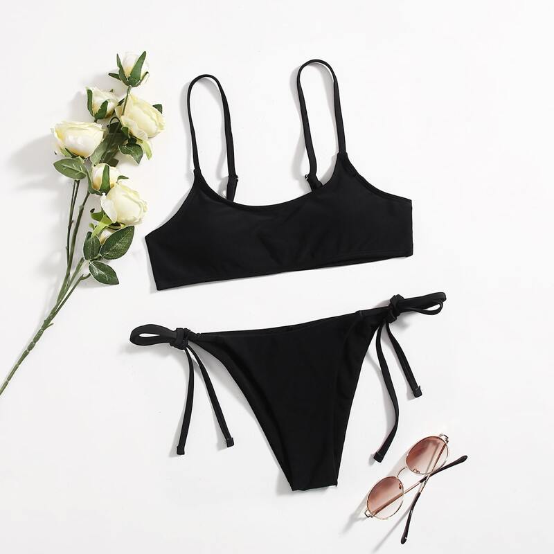 

Solid Tie Side Bikini Swimsuit, Black