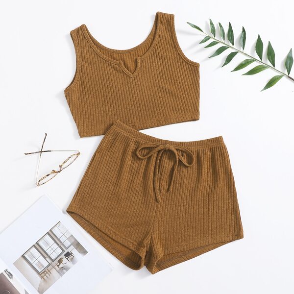

Rib-knit Notched Knot Front Lounge Set, Brown