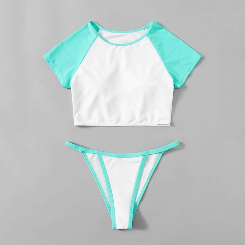

Color Block Bikini Swimsuit, Blue and white