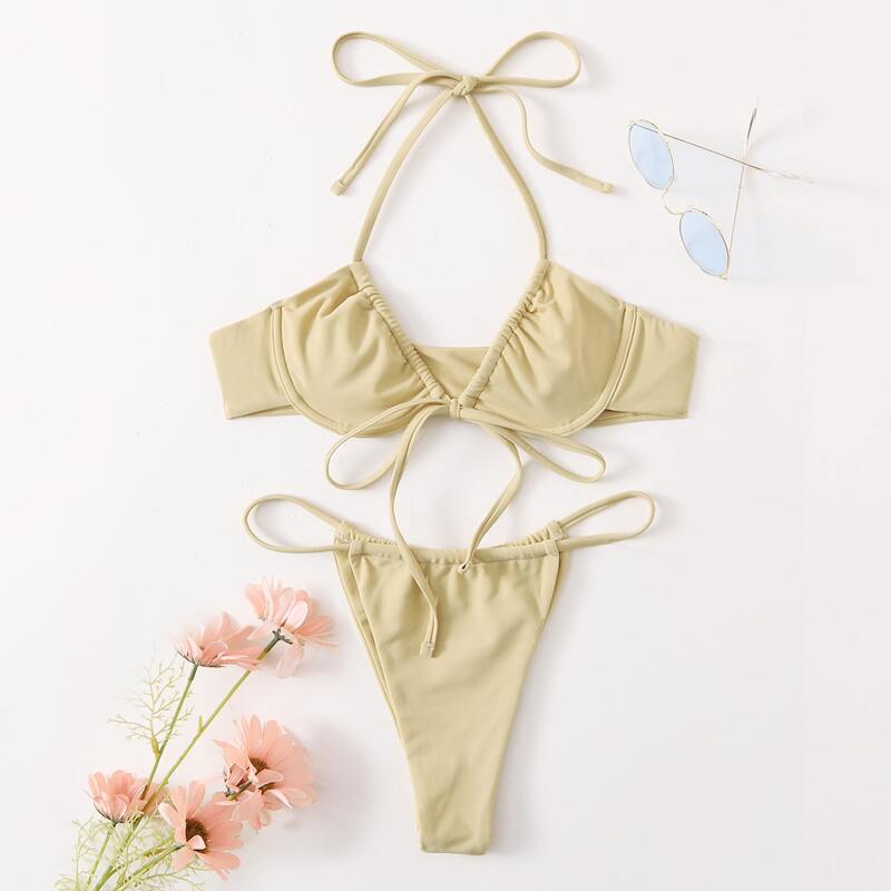 

Solid Halter Bikini Swimsuit, Khaki