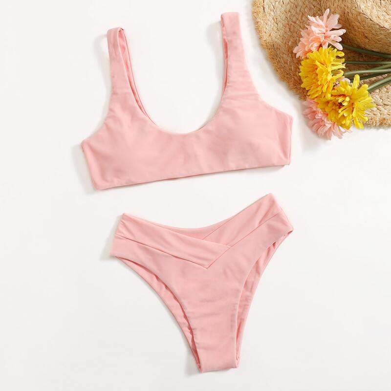 

Solid High Cut Bikini Swimsuit, Baby pink