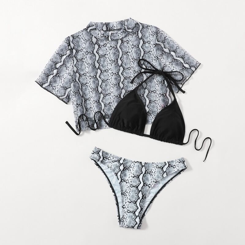 

3pack Snakeskin Bikini Swimsuit With Cover Up, Black and white