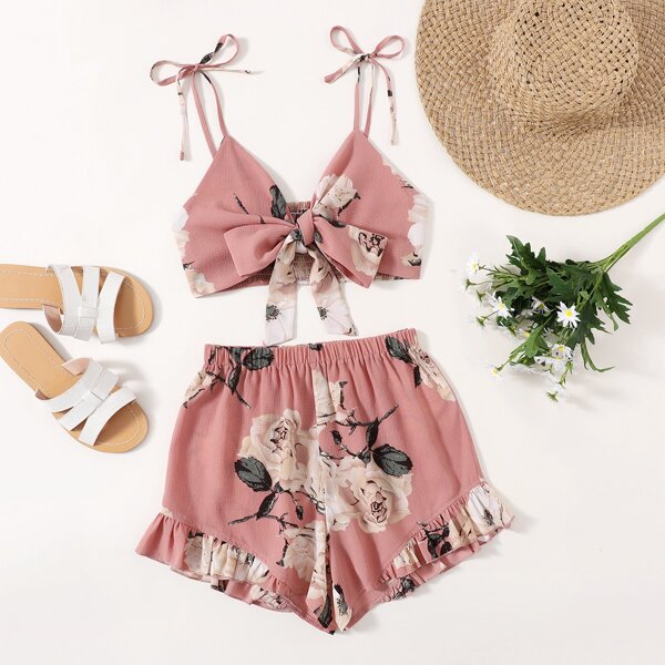 

Knot Front Floral Cami Top With Shorts, Pink