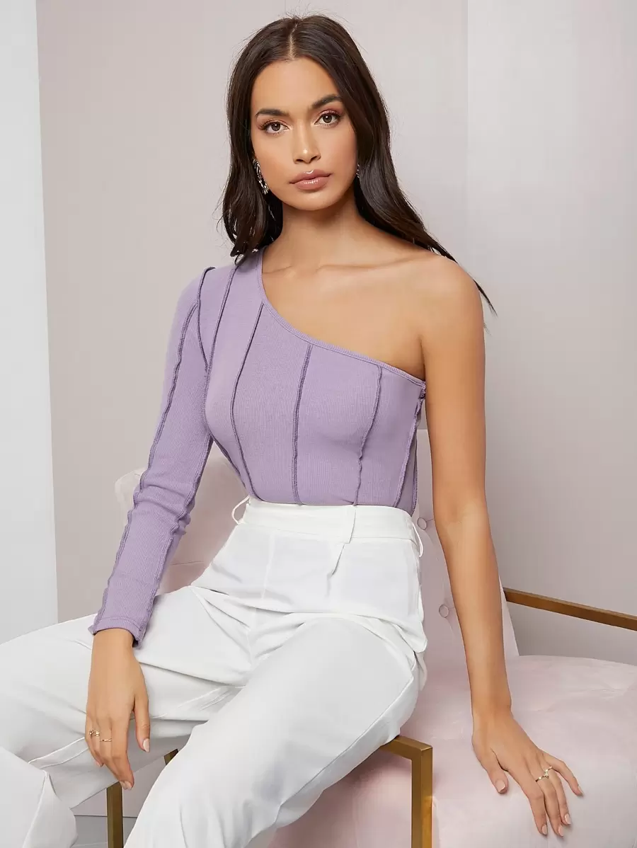 SHEIN 單肩車縫細節素色連體衣