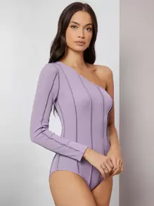 SHEIN 單肩車縫細節素色連體衣