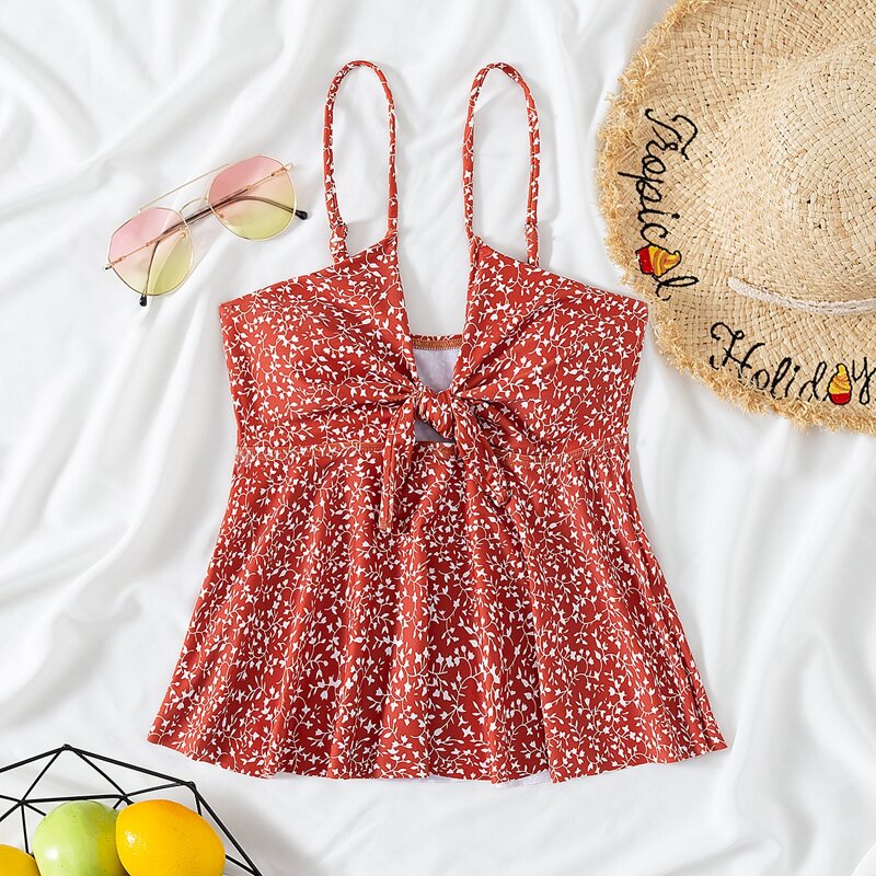

Ditsy Floral Ruffle Knot Tankini Top, Red