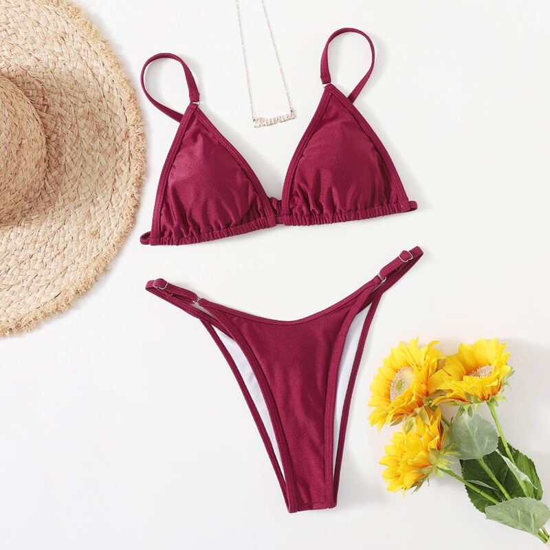 

Solid High Cut Bikini Swimsuit, Burgundy