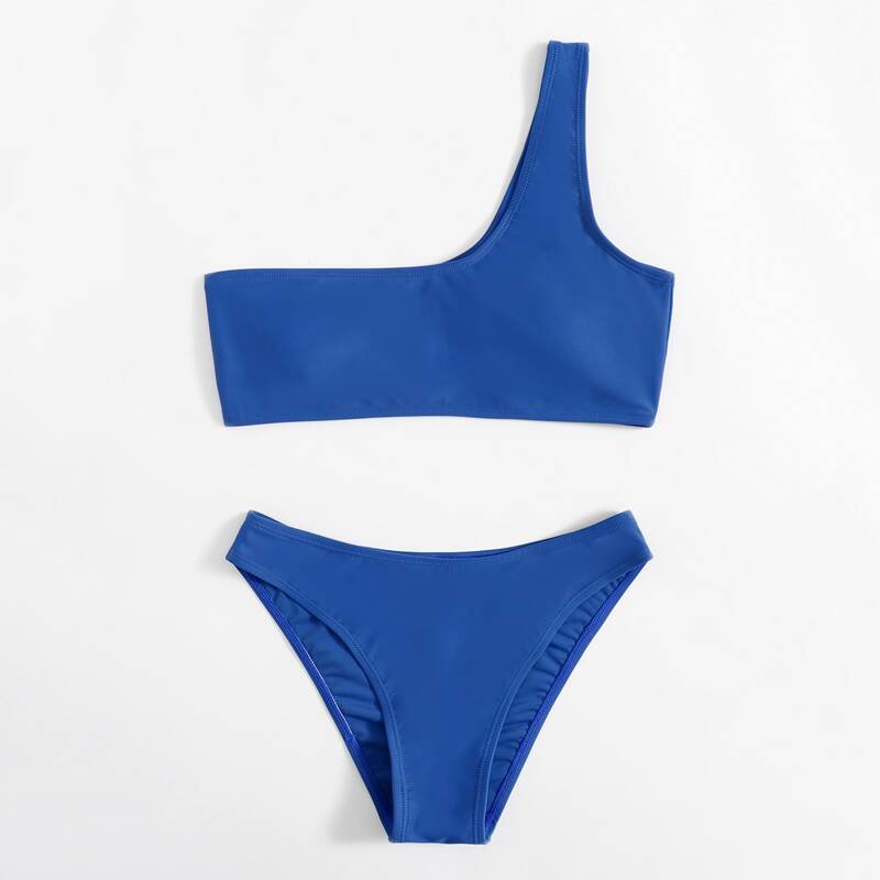 

Solid One Shoulder Bikini Swimsuit, Royal blue
