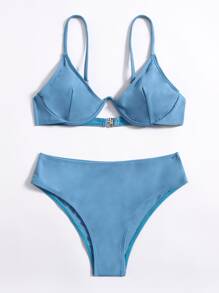 Solid Underwire Bikini Set For Summer Beach Vacation - Dusty Blue - View 1