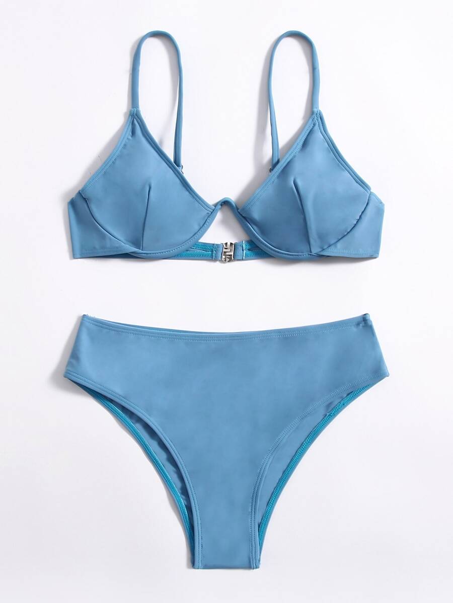 Solid Underwire Bikini Set For Summer Beach Vacation - Dusty Blue - View 1