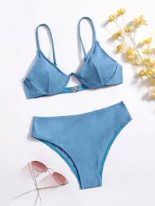 Solid Underwire Bikini Set For Summer Beach Vacation - Dusty Blue - View 4