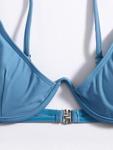 Solid Underwire Bikini Set For Summer Beach Vacation - Dusty Blue - View 5