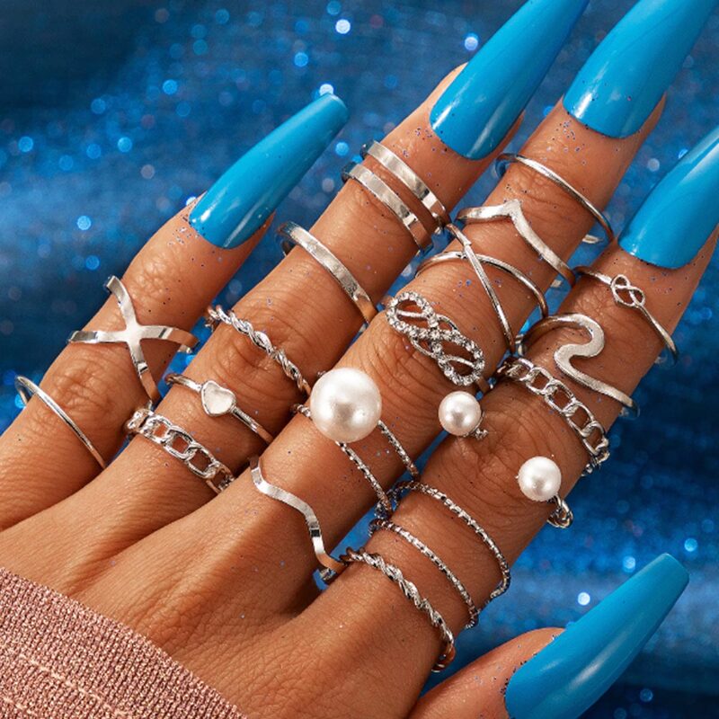 

18pcs Faux Pearl & Rhinestone Ring Set, Silver