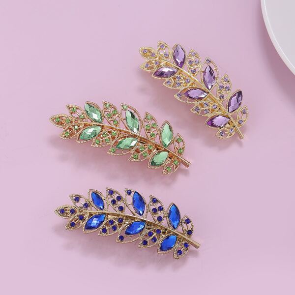 

3pcs Crystal Leaf Decor Hair Clip, Multicolor