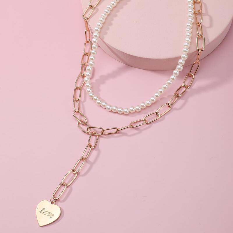 

Heart & Faux Pearl Layered Necklace, Gold