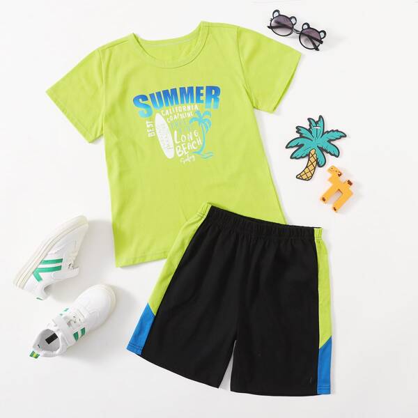

Boys Tropical & Letter Tee & Panel Shorts, Multicolor