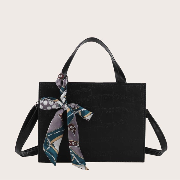 

Twilly Scarf Decor Satchel Bag, Black