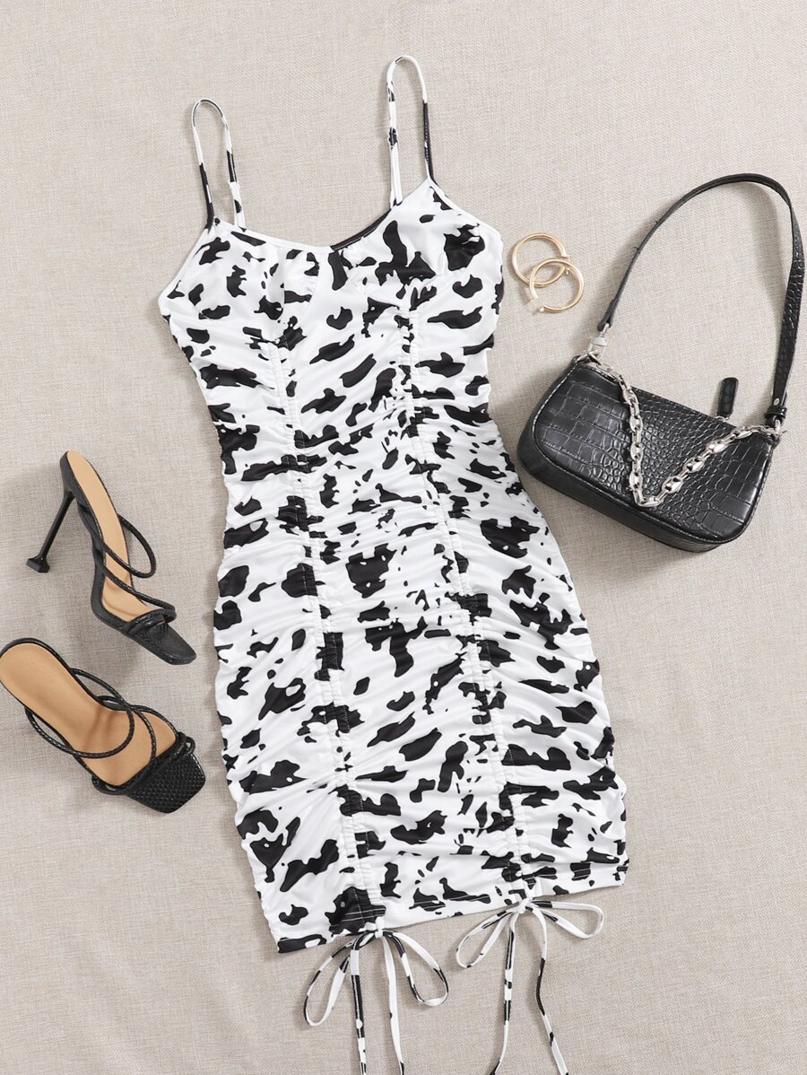 SHEIN Privé 奶牛圖案抽繩抽褶包臀連衣裙 - 黑與白 - 查看 1