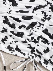 SHEIN Privé 奶牛圖案抽繩抽褶包臀連衣裙 - 黑與白 - 查看 4