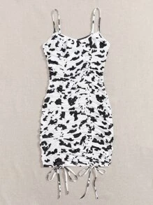 SHEIN Privé 奶牛圖案抽繩抽褶包臀連衣裙 - 黑與白 - 查看 5