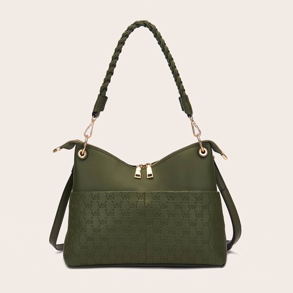 

Letter Embossed Hobo Bag, Army green
