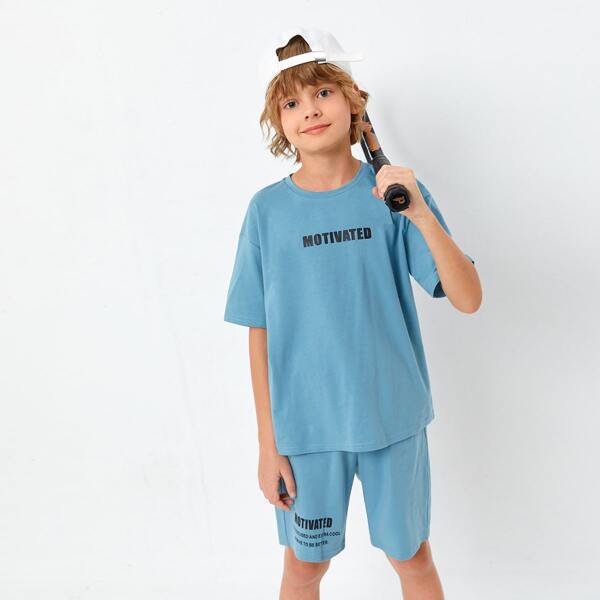 

Boys Letter Graphic Tee & Track Shorts Set, Blue