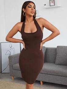 Muchica Solid Rib-knit Backless Dress - Chocolate Brown - View 1