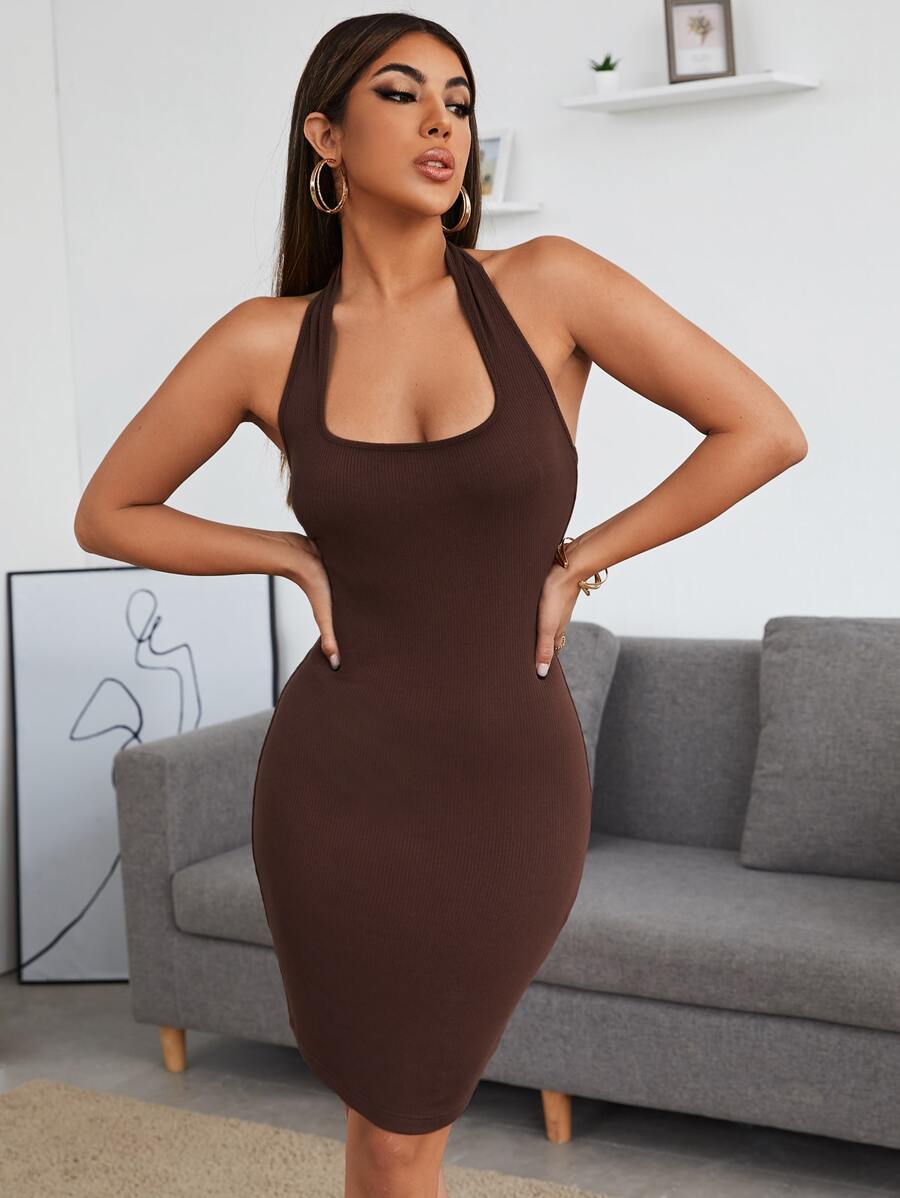 Muchica Solid Rib-knit Backless Dress - Chocolate Brown - View 1