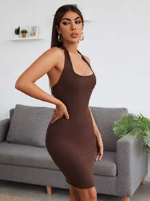 Muchica Solid Rib-knit Backless Dress - Chocolate Brown - View 3
