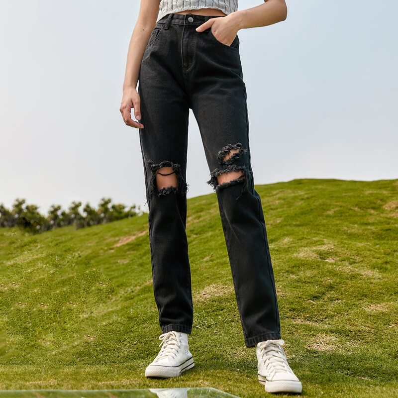 

Solid Ripped Jeans, Black