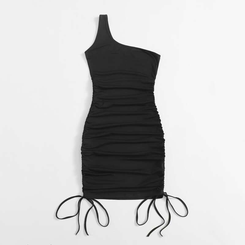 

Solid One Shoulder Drawstring Bodycon Dress, Black