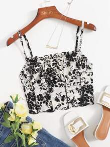 SHEIN Top corto de tirantes con estampado floral de pecho fruncido - Blanco y Negro - Ver 1