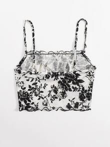 SHEIN Top corto de tirantes con estampado floral de pecho fruncido - Blanco y Negro - Ver 2