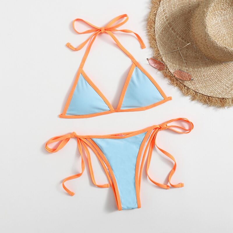 

Contrast Binding Triangle Bikini Swimsuit, Multicolor