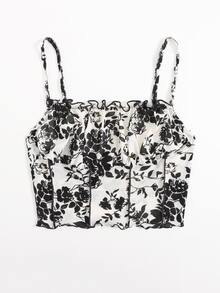 SHEIN Top corto de tirantes con estampado floral de pecho fruncido - Blanco y Negro - Ver 3