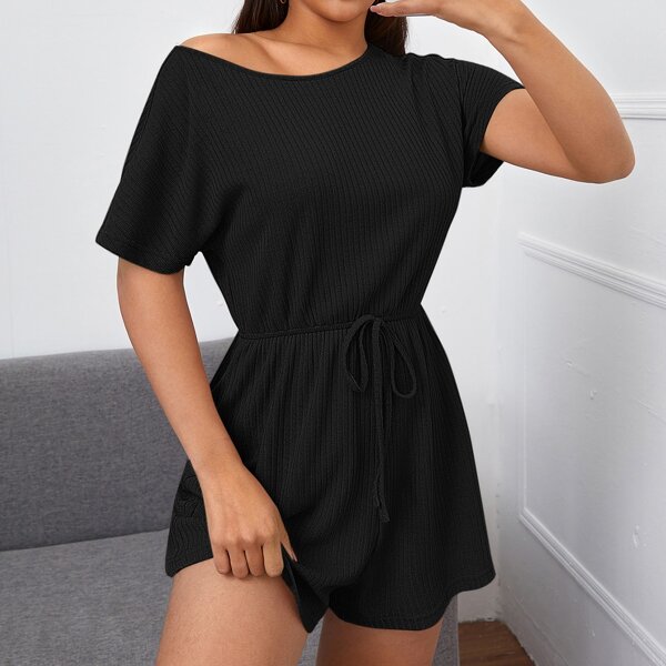 

Rib-knit Knot Waist Romper, Black