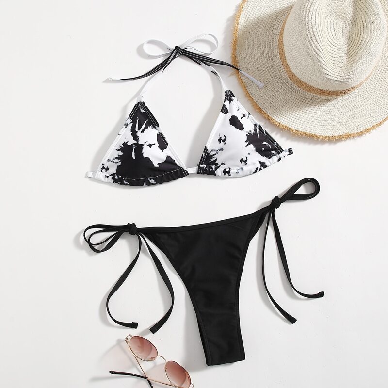

Tie Dye Triangle Bikini Swimsuit, Black and white