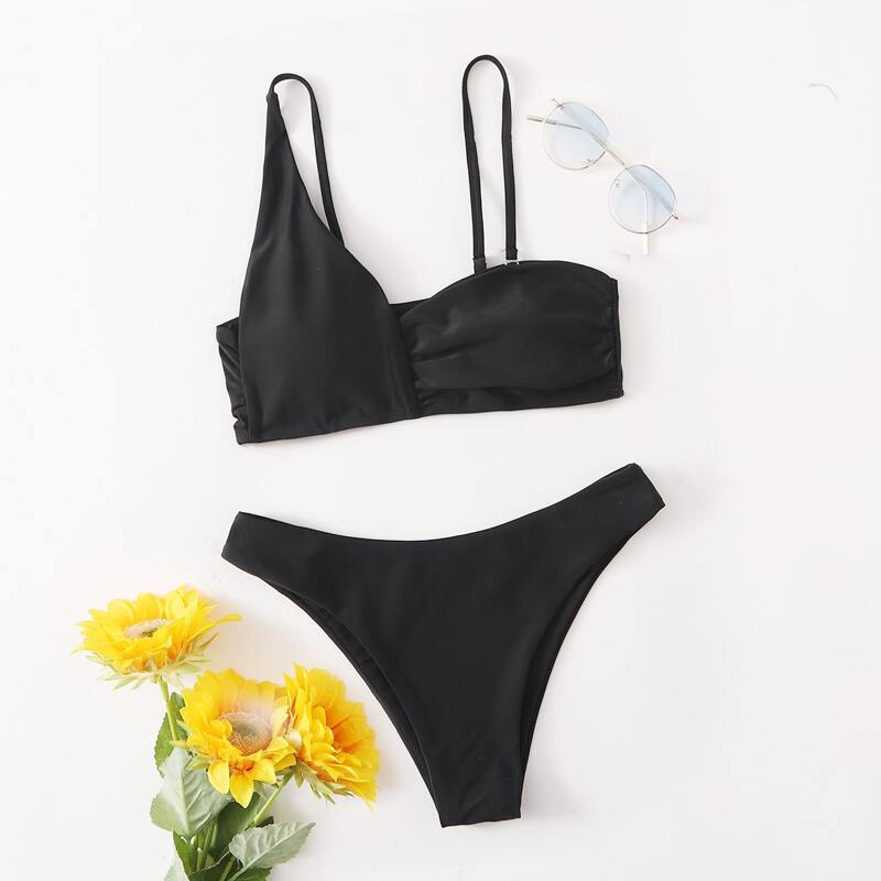 

Solid Asymmetrical Bikini Swimsuit, Black