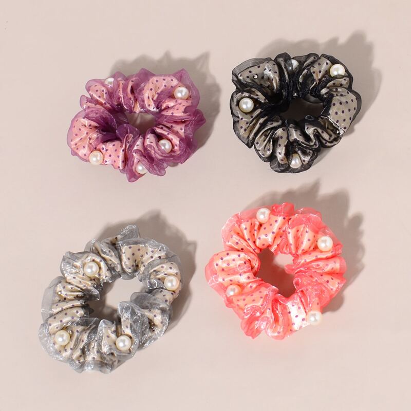 

4pcs Faux Pearl Polka Dot Scrunchie, Multicolor
