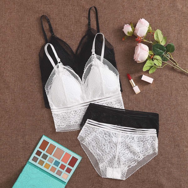 

2sets Floral Lace Harness Lingerie Set, Black and white