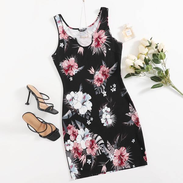 

Plus Floral Bodycon Dress, Black