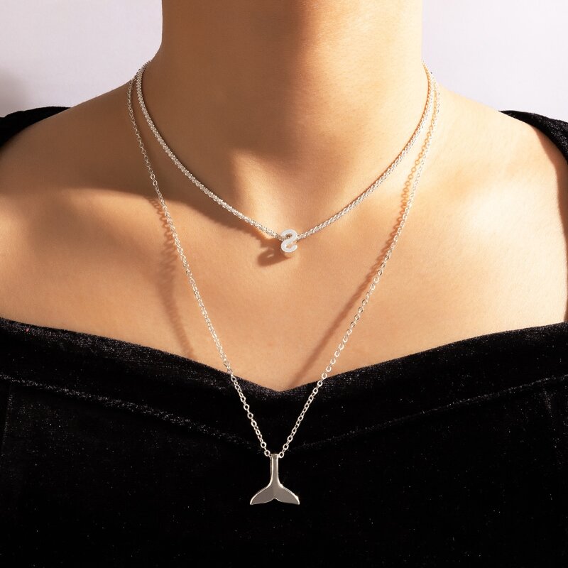 

1pc Fish Tail Pendant Layered Necklace, Silver