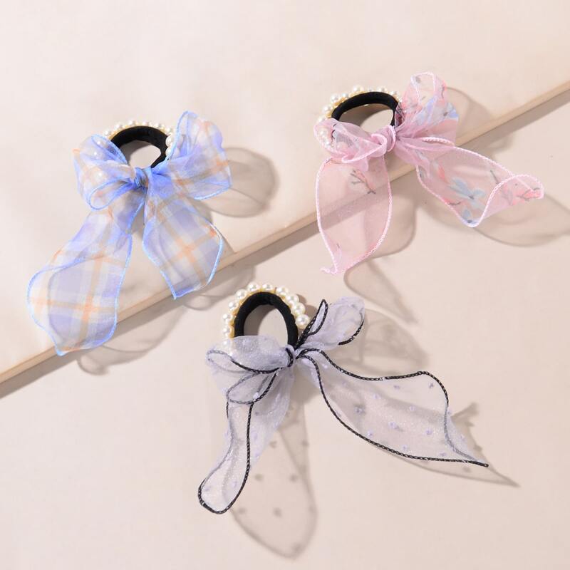 

3pcs Mesh Bow Faux Pearl Hair Tie, Multicolor