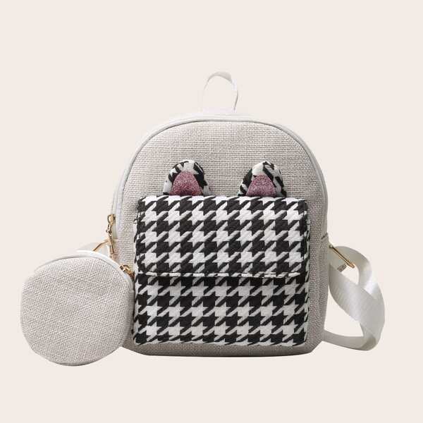 

Houndstooth Pocket Front Backpack With Purse, White