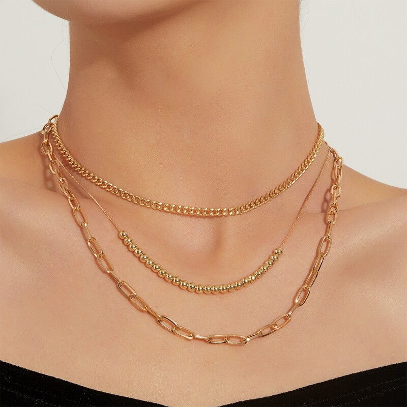 

1pc Beaded Detail Layered Necklace, Gold