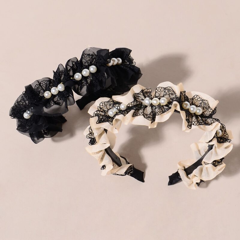 

2pcs Lace Faux Pearl Decor Headband, Multicolor