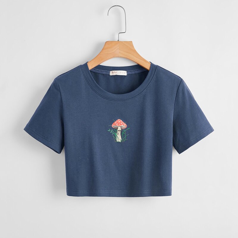 

Mushroom Graphic Crop Tee, Navy blue