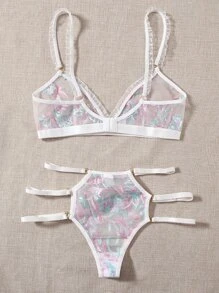 Floral Sheer Mesh Ladder Cut-out Lingerie Set - White - View 2
