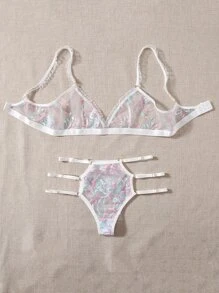 Floral Sheer Mesh Ladder Cut-out Lingerie Set - White - View 5
