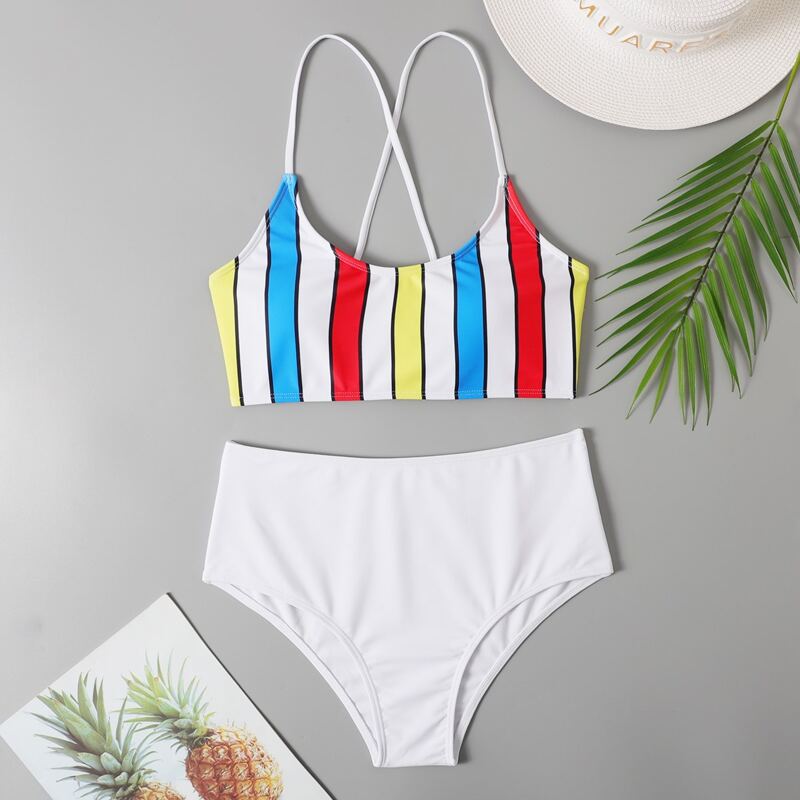 

Striped Print Criss Cross Bikini Swimsuit, Multicolor